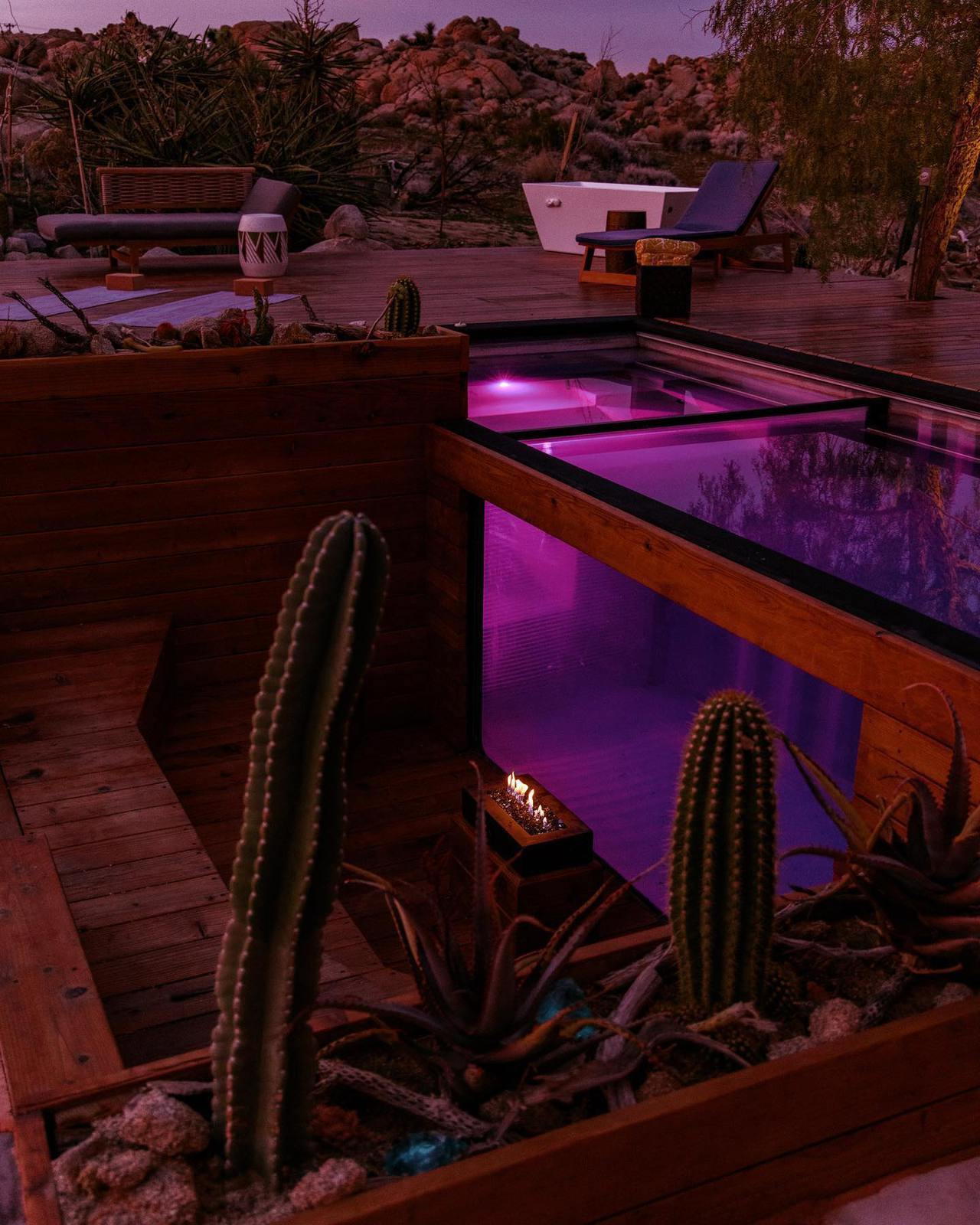 Glass-front heated pool glowing violet at dusk beside the fire feature and cactus garden at this Joshua Tree pool rental